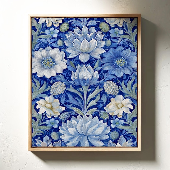 Blue Botanical Floral Vintage Pattern White Flowers Chinoiserie Style Poster