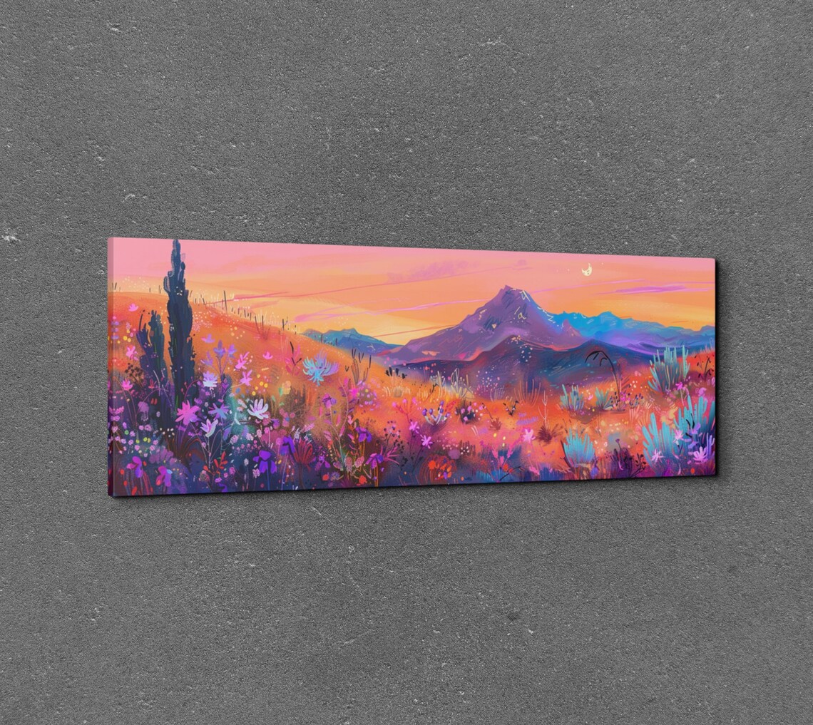 Southwestern Desert Sunset Wildflowers Moon Panoramic Poster - Image 3