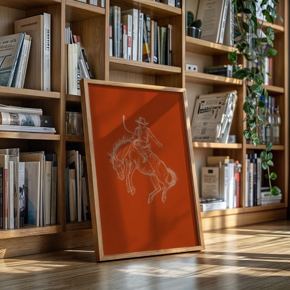 Bronco Rider Sketch On Red Western Cowboy Charcoal Style Canvas Art With Rodeo Energy And Minimalist Line Drawing