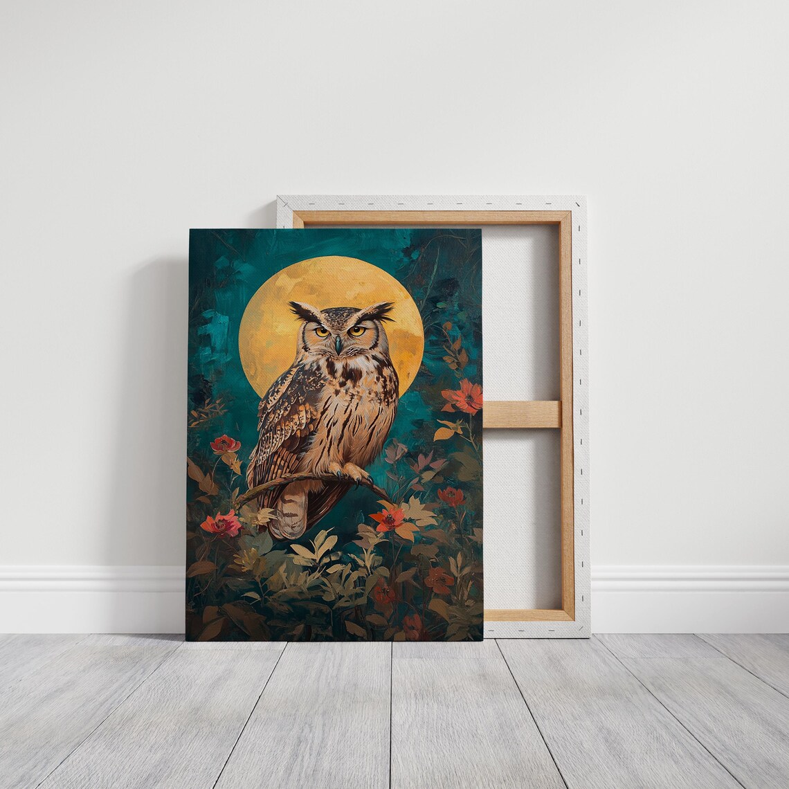 Owl Golden Moon Teal Floral Vines Elegant Boho Wildlife Poster - Image 3