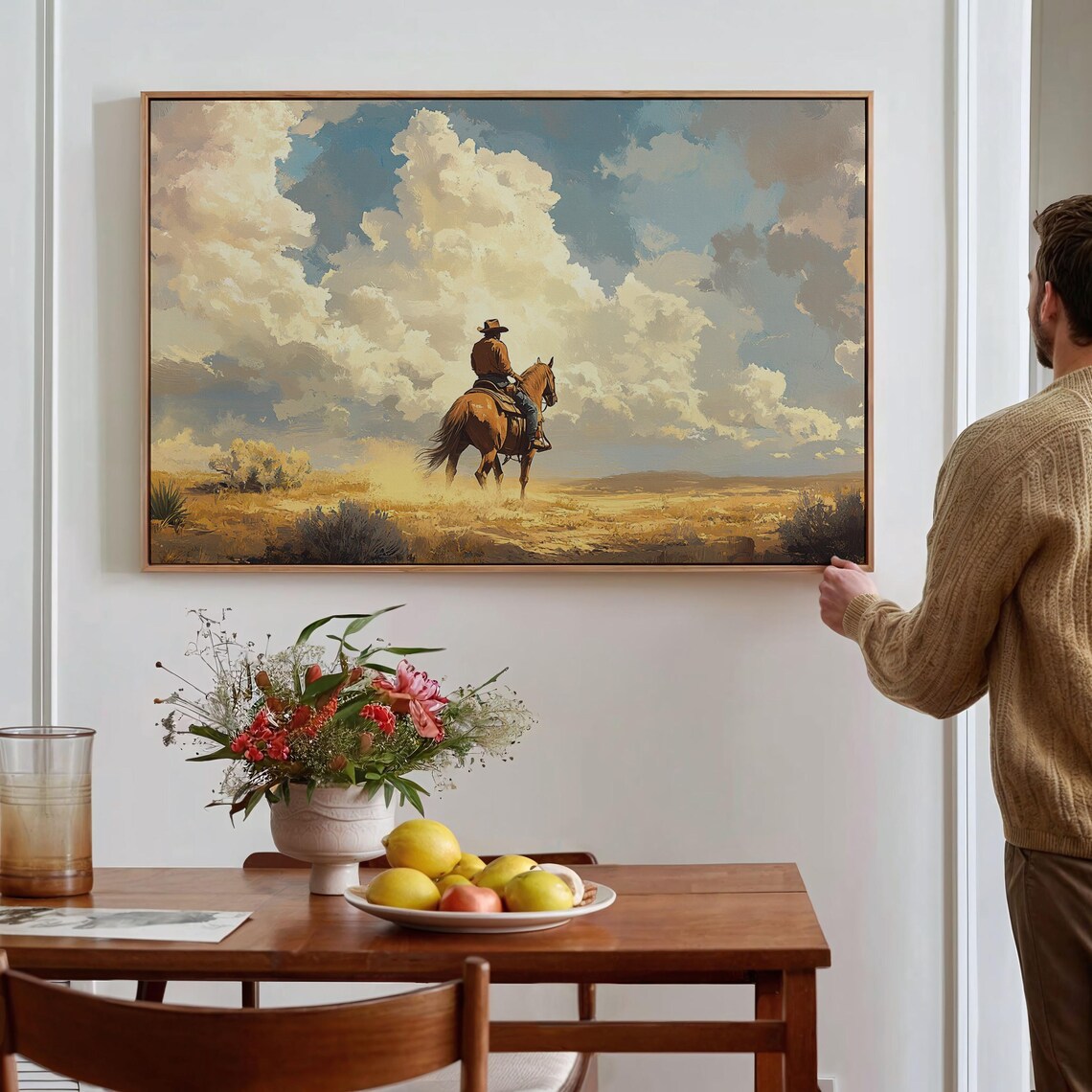 Cowboy Riding Into Golden Prairie Cumulus Clouds Western Poster - Image 3