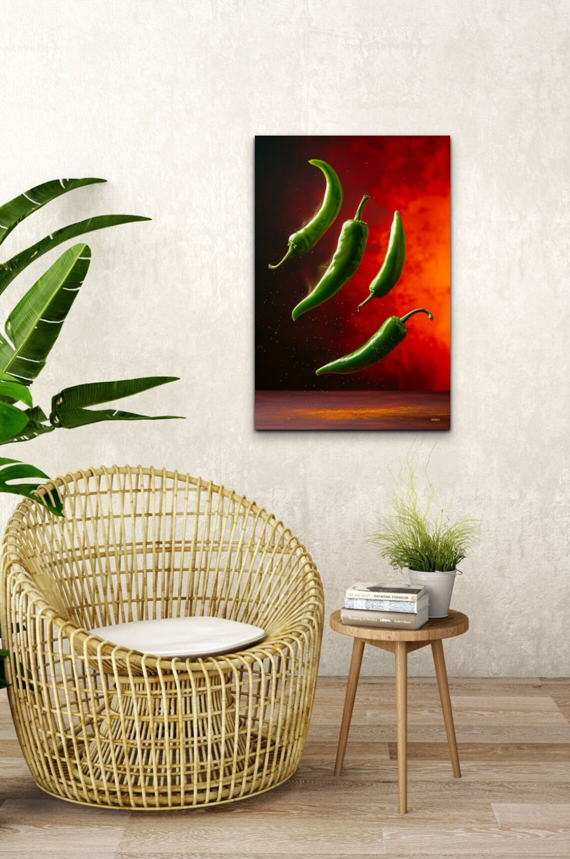Flying Green Chili Peppers Against a Fiery Red Background Wall Art - Image 7