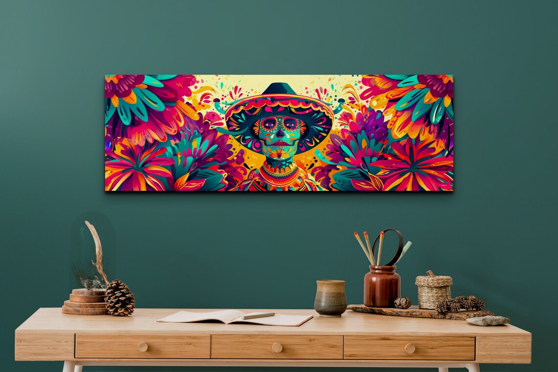 Sugar Skull Wearing a Sombrero in Bright Mexican Floral Art Poster - Image 6