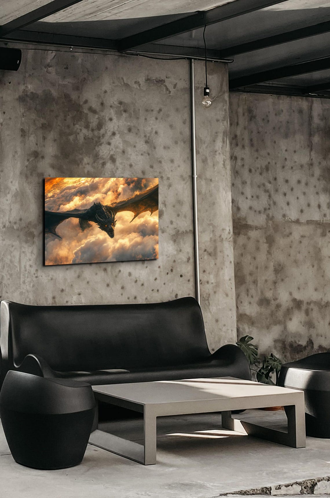 Fierce Black Dragon Soaring Through Golden Storm Clouds Poster - Image 7