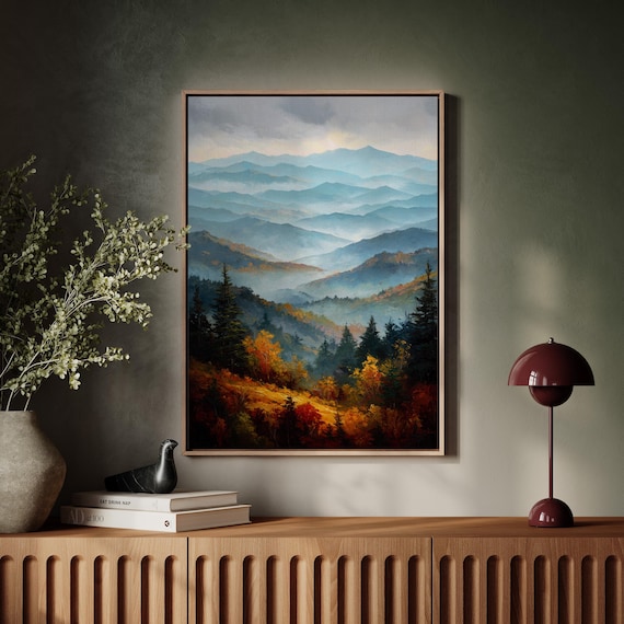 Smoky Blue Mountains Misty Autumn Forest Landscape Painting Art Poster