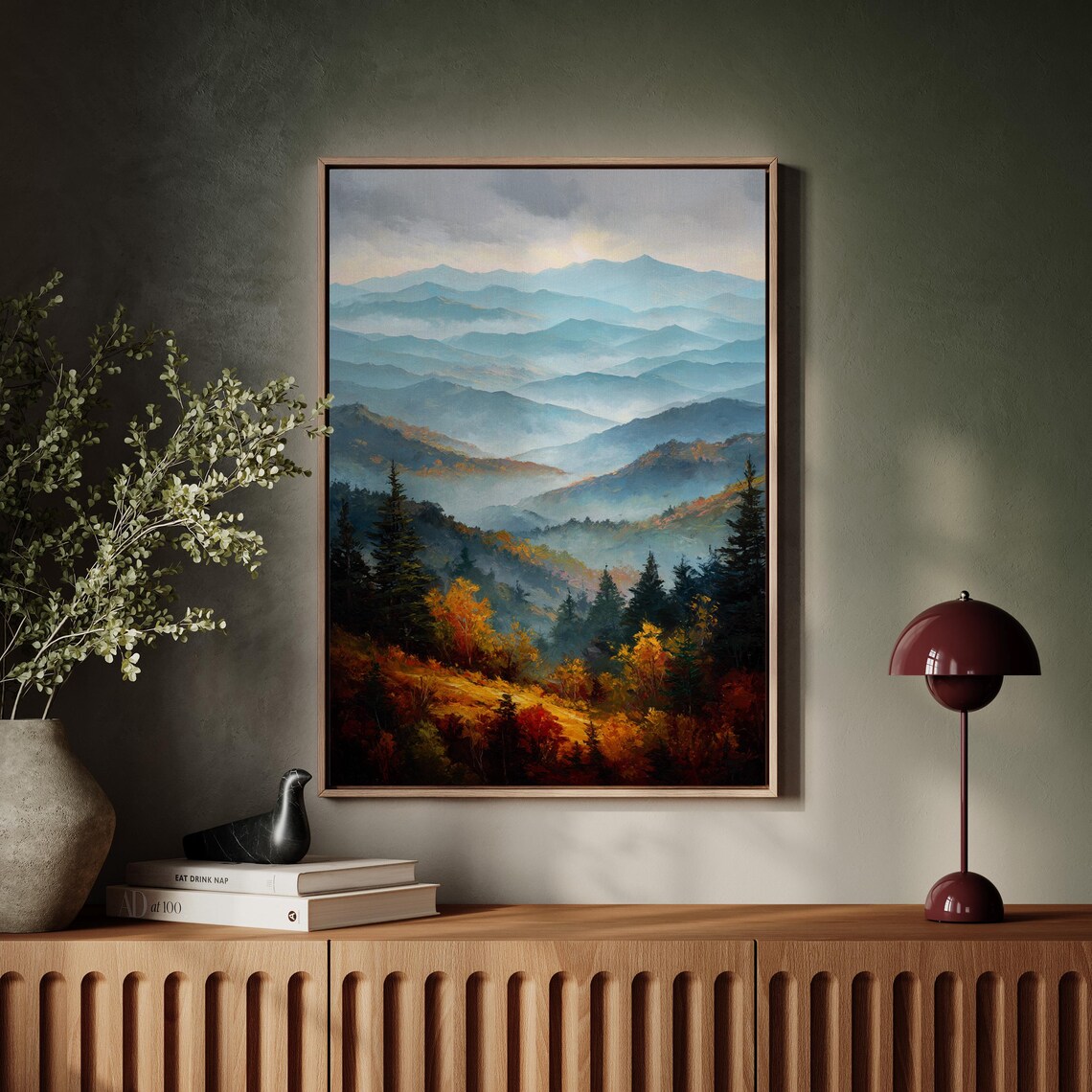 Smoky Blue Mountains Misty Autumn Forest Landscape Painting Art Poster