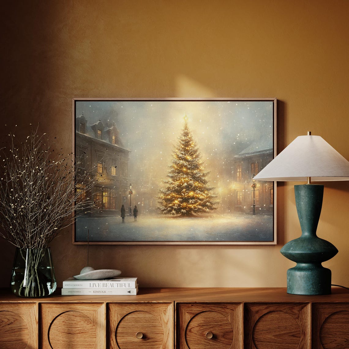 Snowy Old Town Square Christmas Tree Glowing At Dusk Holiday Poster - Image 3
