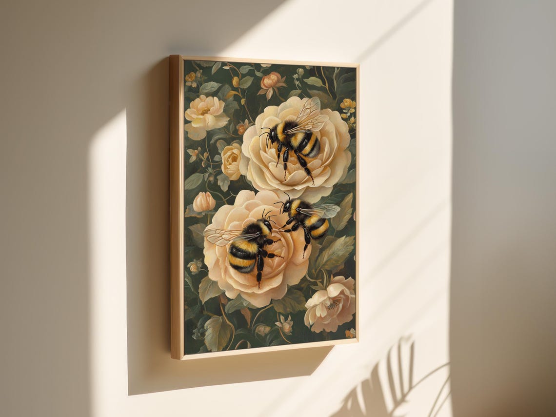Bumblebees on Cream Roses Vintage Botanical Garden Nature Poster - Image 5