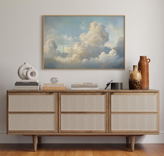 Heavenly Cloudscape Art Soft Blue Sky And Dreamy White Clouds In Oil Painting Style Peaceful Christian Inspired Decor