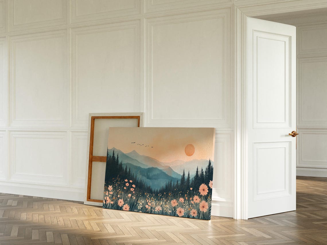 Soft Peach Mountain Sunrise With Pine Forest And Wildflowers Poster - Image 5