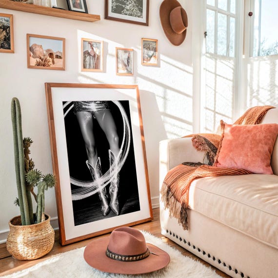 Disco Cowboy Boots Black And White Neon Art