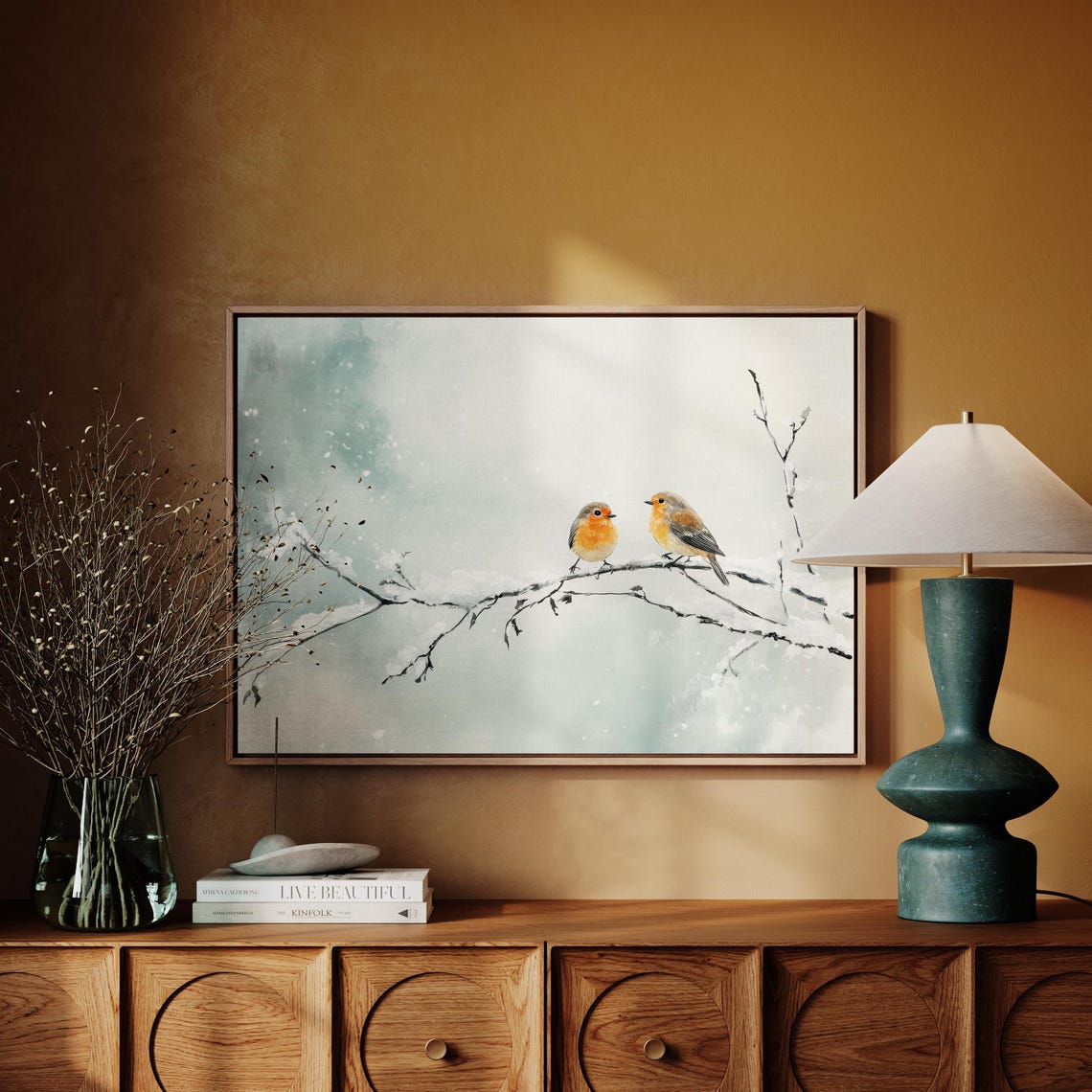 Two Robins On A Snowy Branch In Falling Snow Watercolor Winter Poster - Image 3
