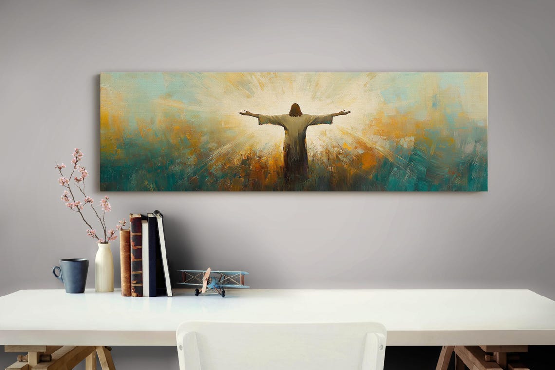 Radiant Jesus Christ Savior Silhouette Heavenly Gold Rays Art Poster - Image 4