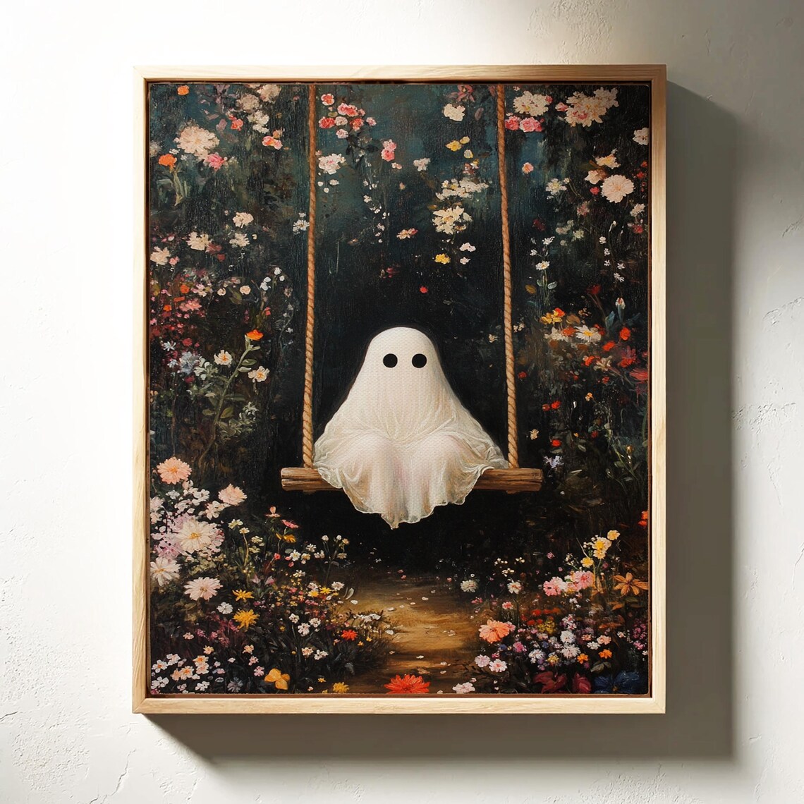Cute Ghost On Wooden Swing In Blooming Night Garden Whimsical Halloween Poster
