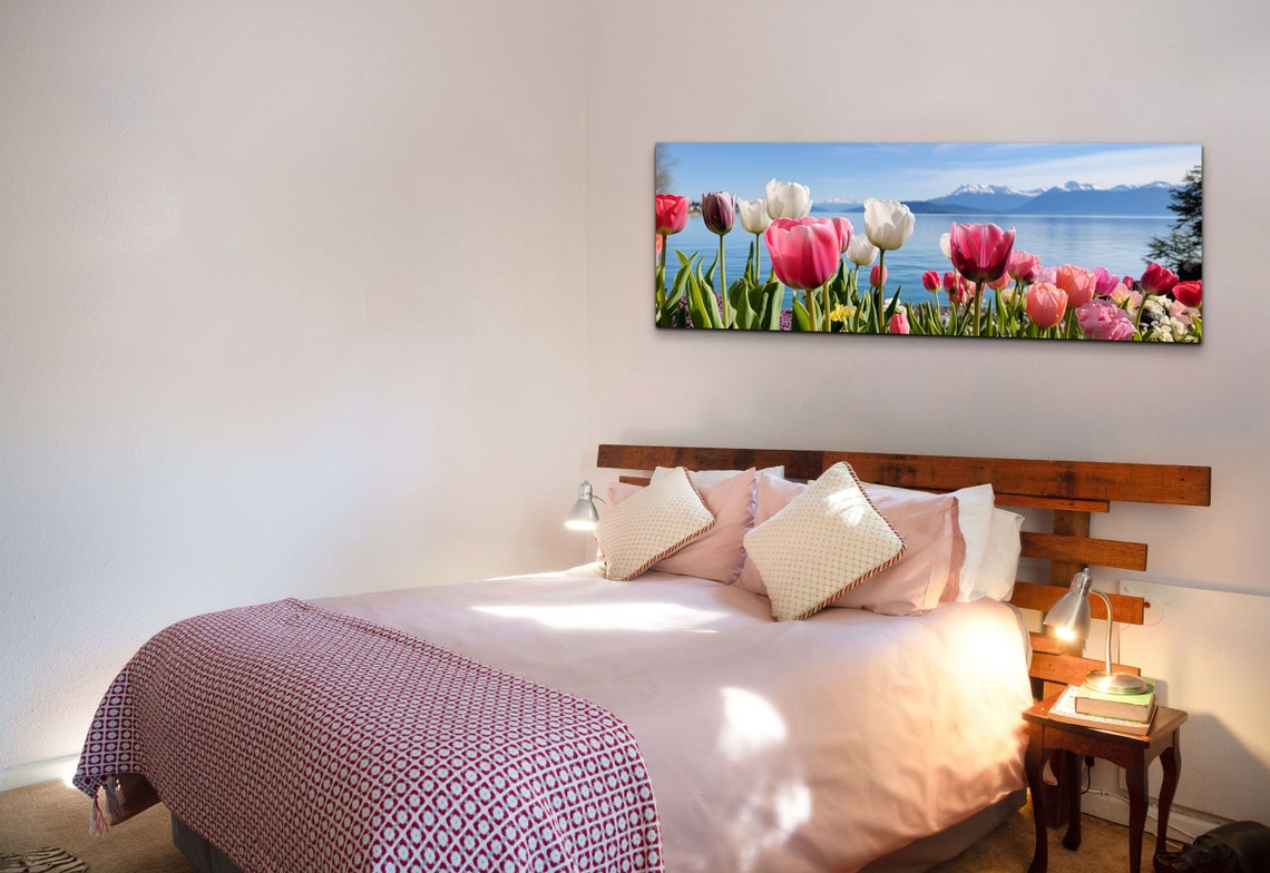 Colorful Tulips Blooming Beside a Lake with Snowy Mountains Poster - Image 6