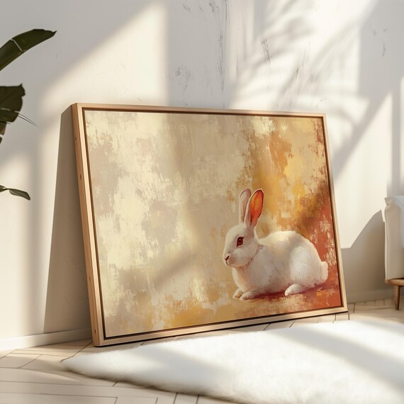 White Rabbit Resting on Warm Golden Textured Background Poster
