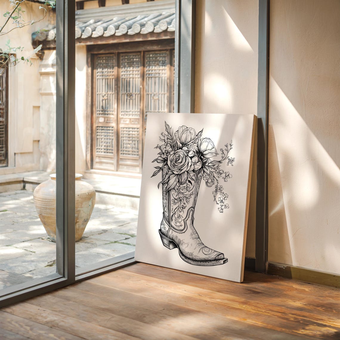 Western Cowboy Boot Overflowing With Roses Floral Line Drawing Poster - Image 3
