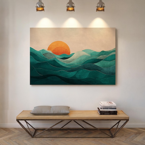 Abstract Ocean Waves With Bold Orange Sunset Teal Layered Art Poster
