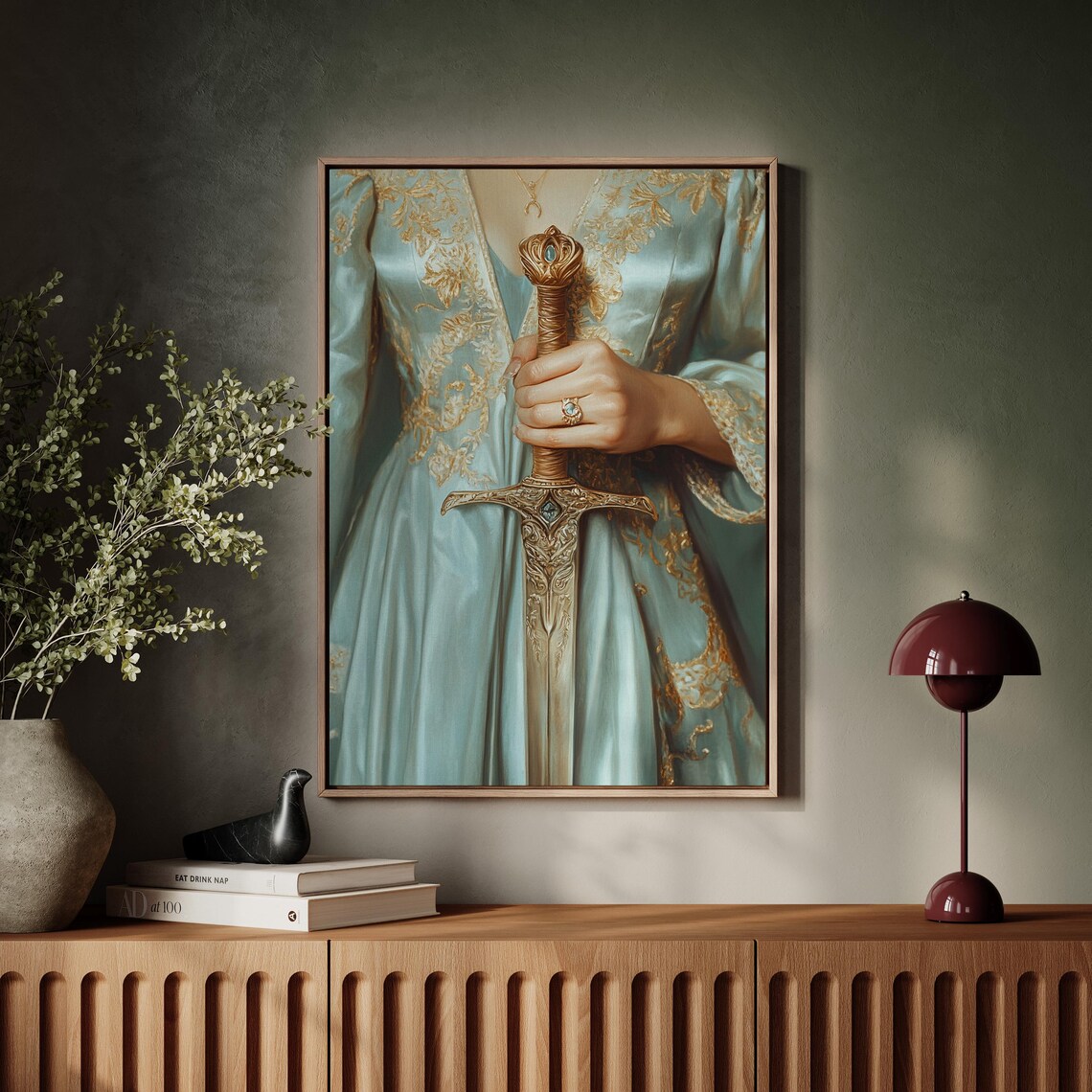 Warrior Queen in Ice Blue Gown Holding Ornate Golden Sword Poster - Image 7