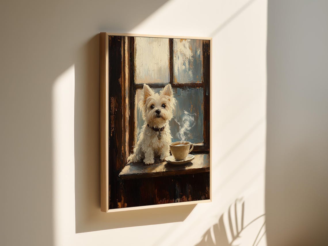 West Highland Terrier Puppy By Rustic Window With Coffee Wall Art - Image 5