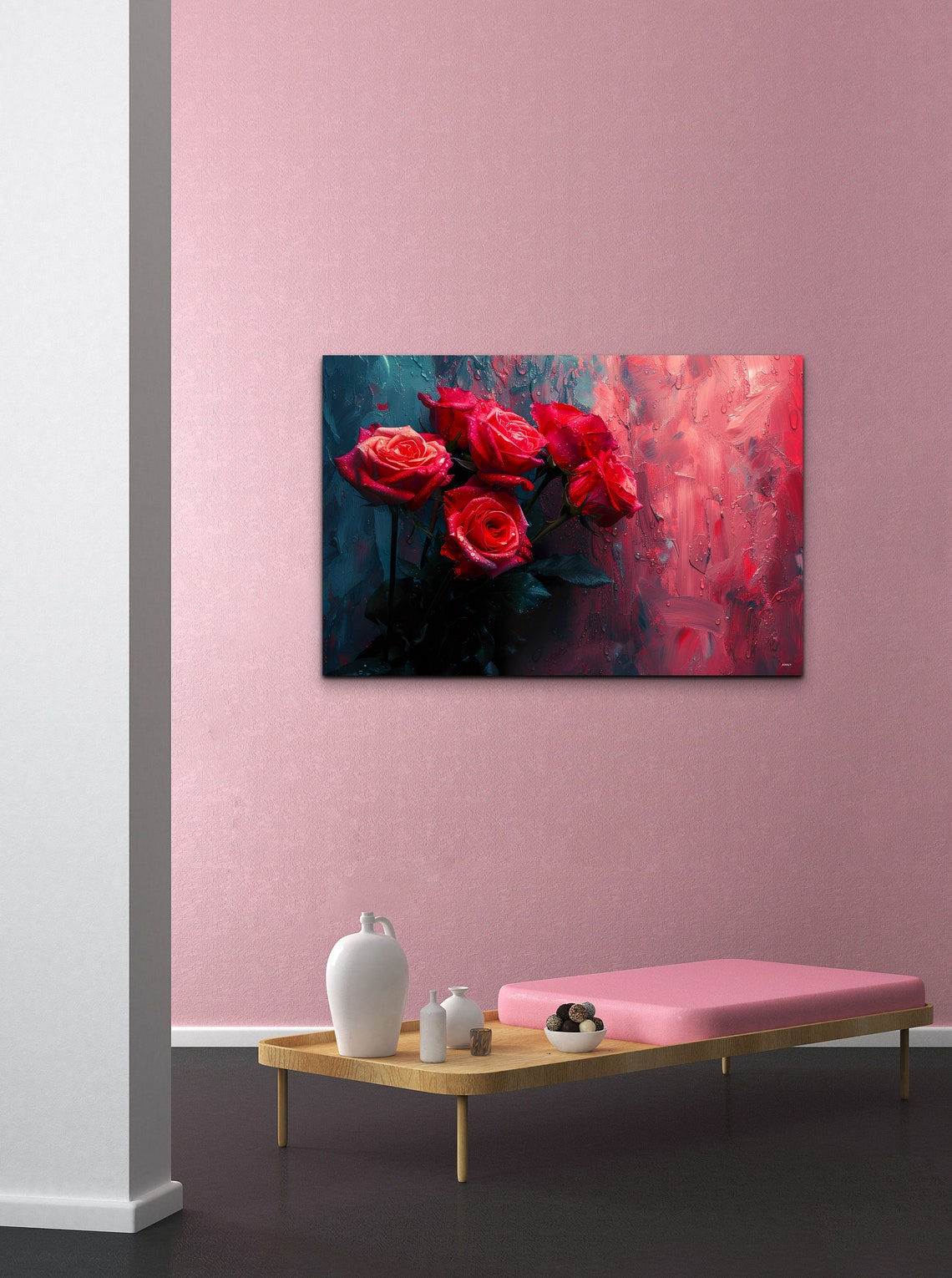 Red Roses Bouquet Against Teal And Crimson Painterly Floral Art Print - Image 4