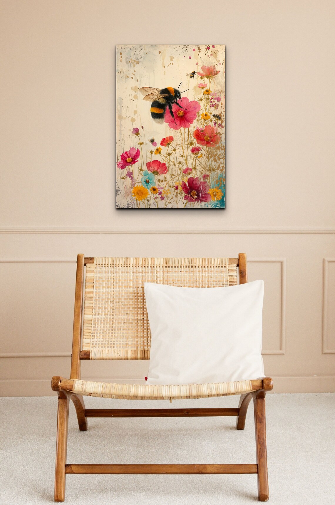 Bumble Bee Pink Wildflowers Watercolor Summer Meadow Garden Poster - Image 5