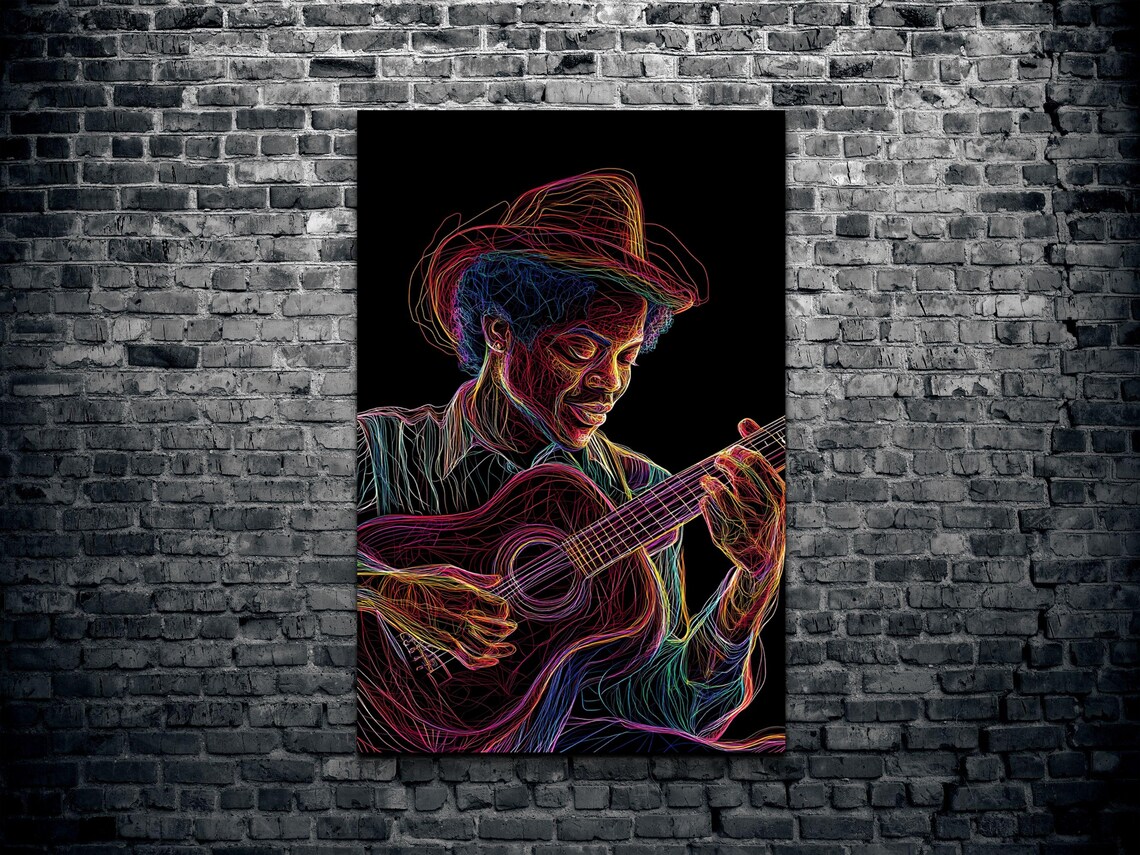 Neon Line Art Guitarist in Hat Colorful Music Room Wall Poster - Image 2