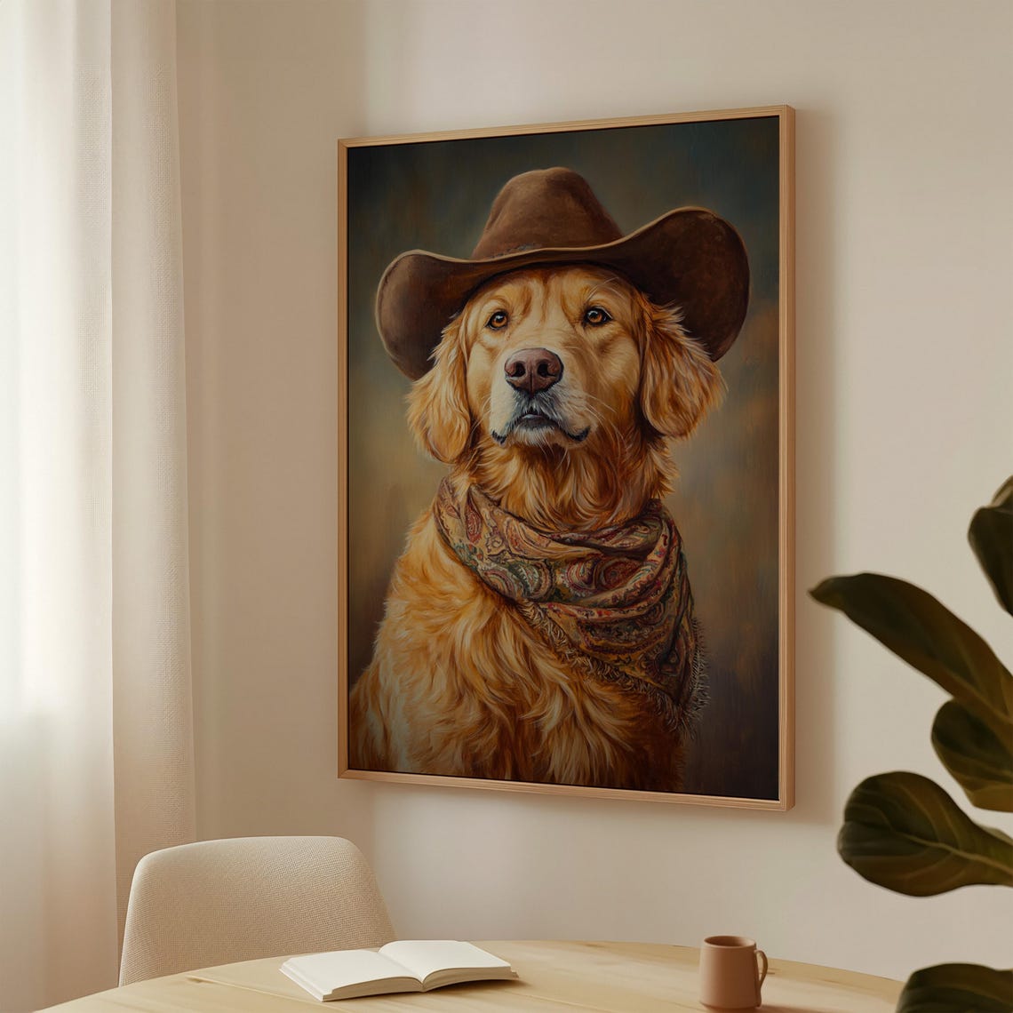 Golden Retriever Cowboy Blue Backdrop Western Dog Portrait Poster - Image 2