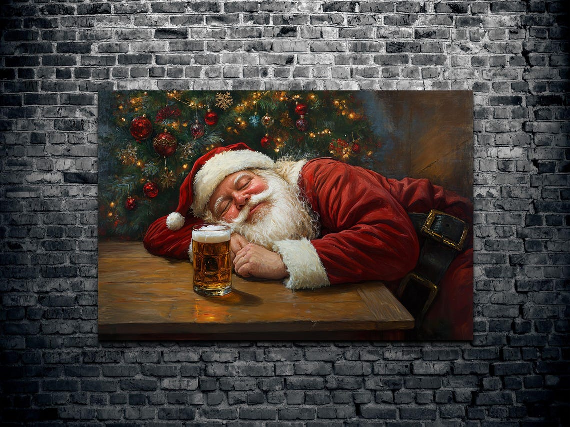 Drunk Santa Napping At The Bar With Beer Mug Christmas Art Poster - Image 2