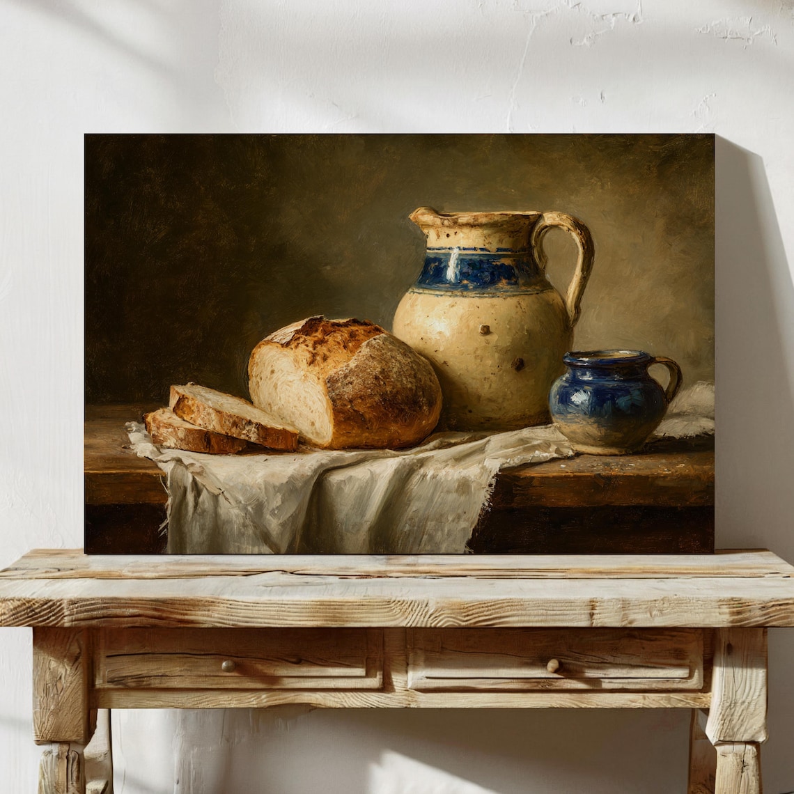 Rustic Still Life Vintage Bread and Pottery Art Print