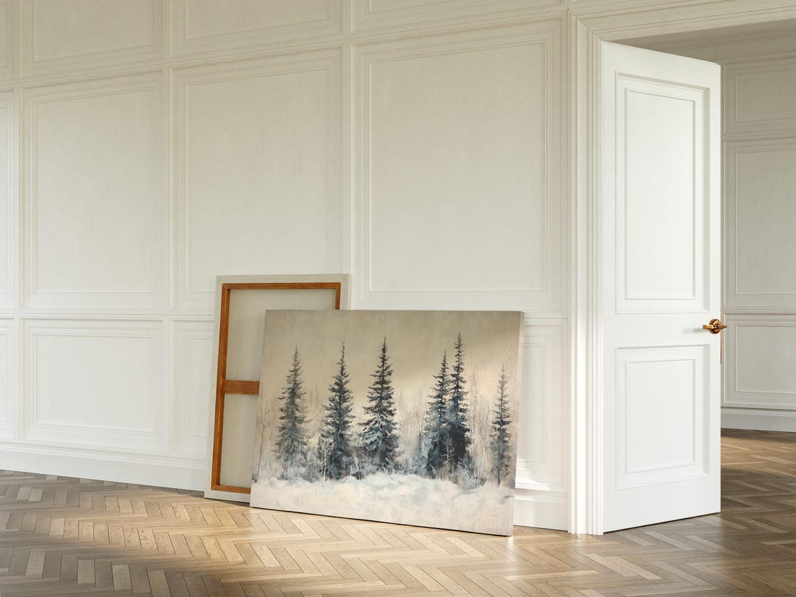 Serene Snowy Pine Forest Mist Winter Watercolor Landscape Poster - Image 4