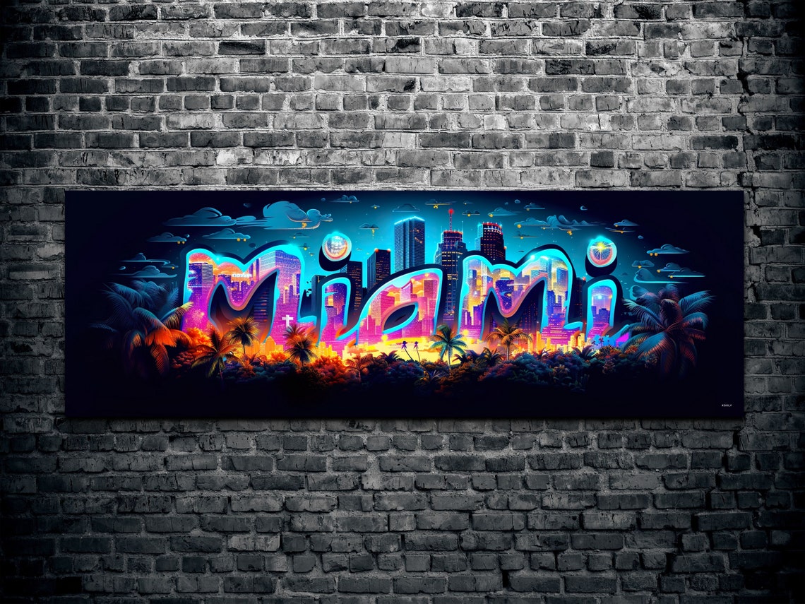 Miami Neon Lettering Night Skyline Panoramic City Glow Poster - Image 6