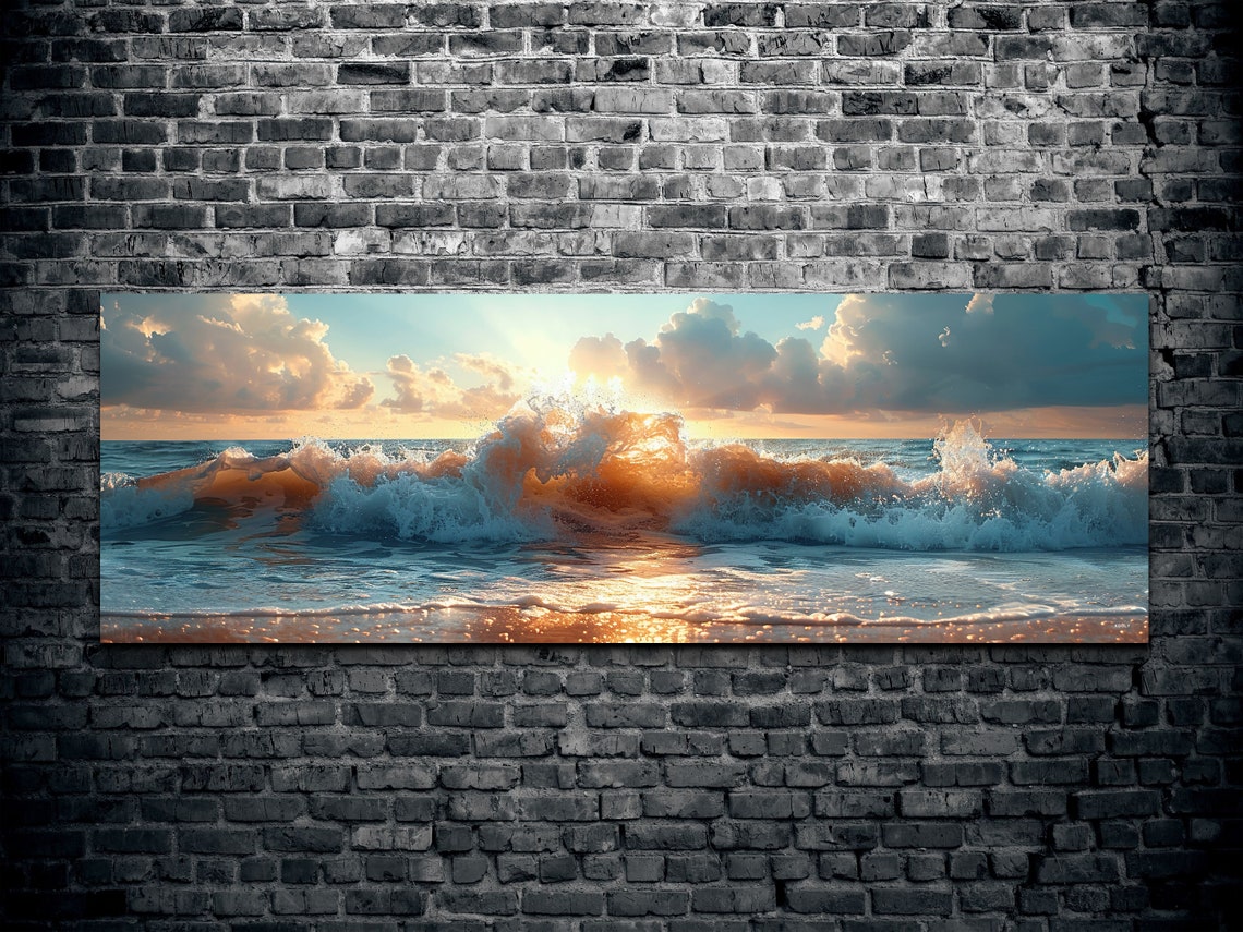 Golden Ocean Waves Breaking Sunset Surf Dramatic Seascape Wall Art - Image 2