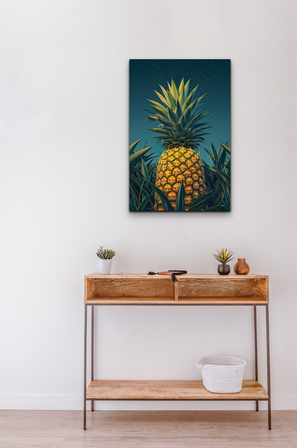 Golden Pineapple Close Up Against Teal Night Sky Tropical Wall Art - Image 4