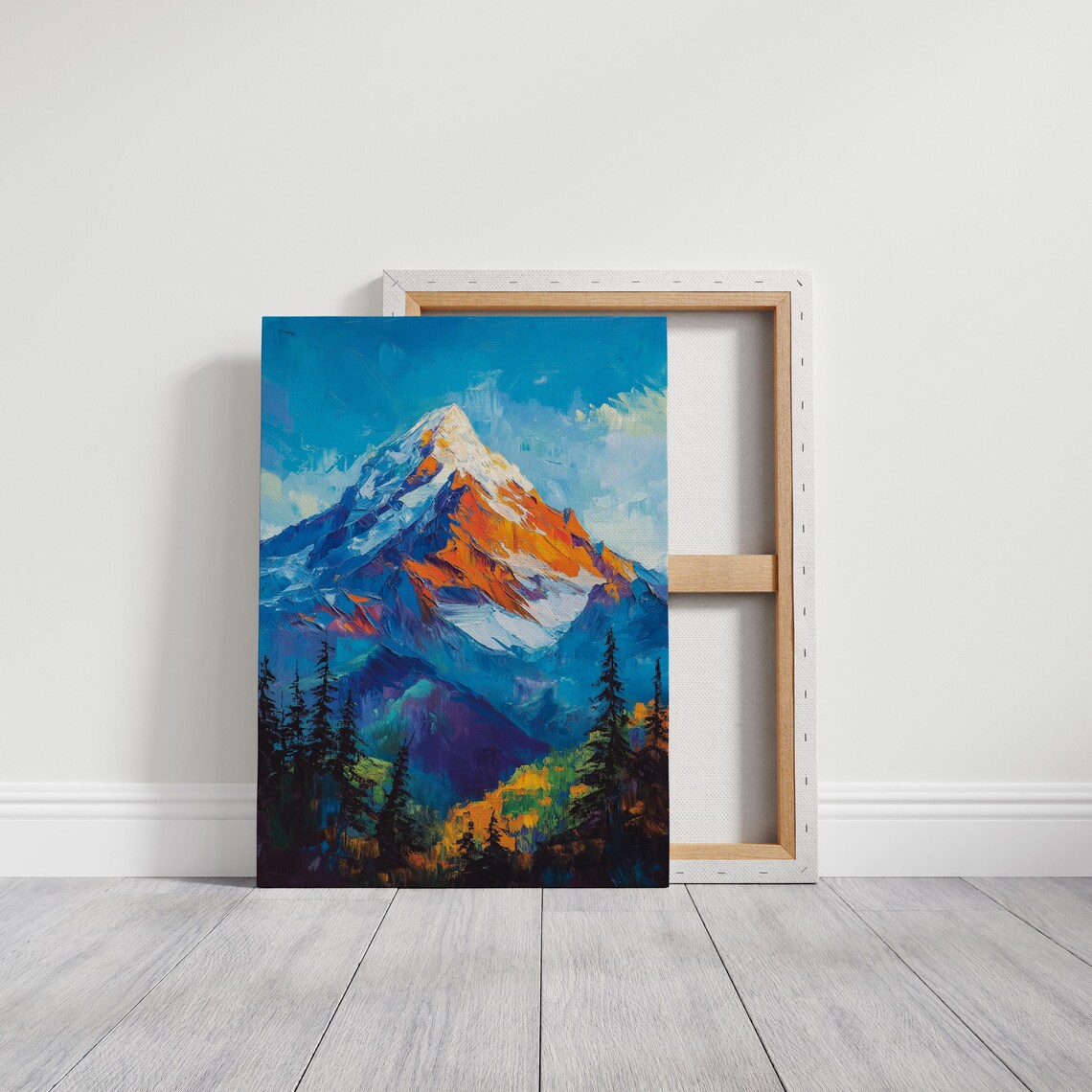 Bold Snowy Mountain Peak In Vivid Orange And Blue Abstract Art Poster - Image 3