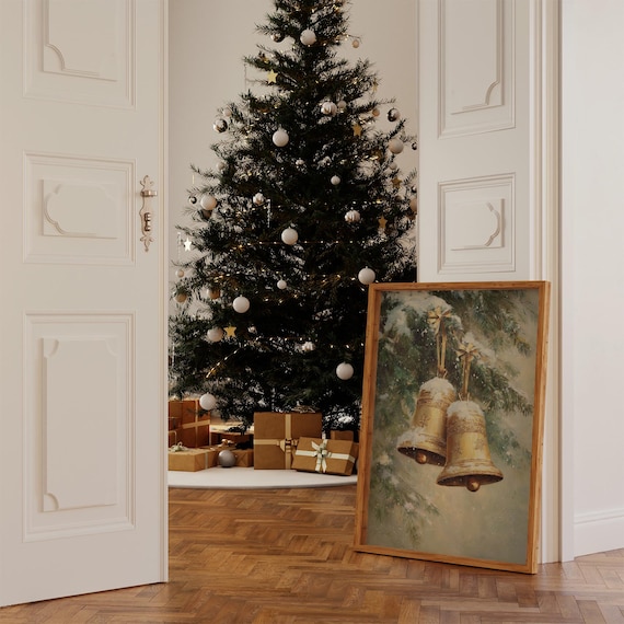 Vintage Golden Christmas Bells On Snowy Pine Branch Holiday Poster