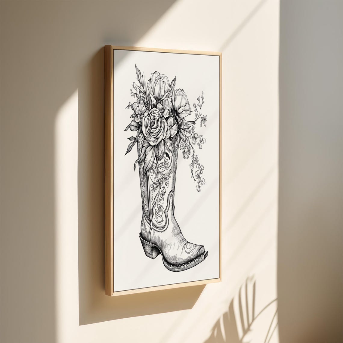 Western Cowboy Boot Overflowing With Roses Floral Line Drawing Poster