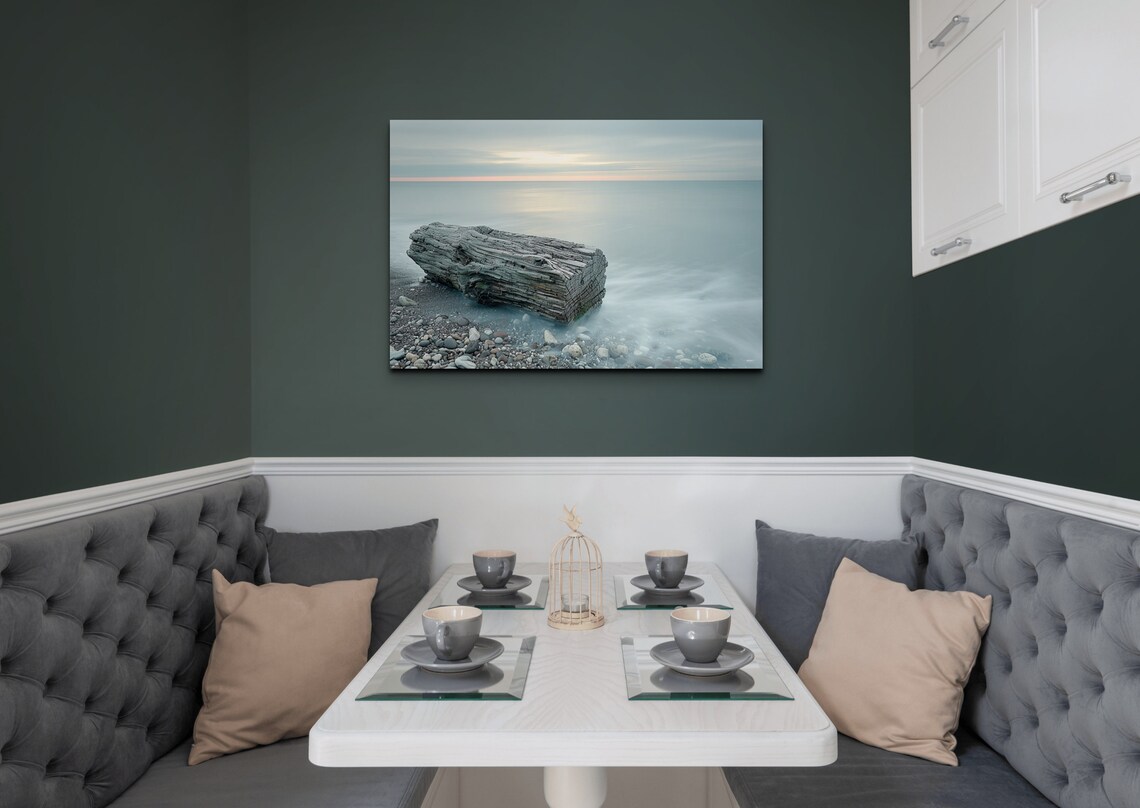 Weathered Driftwood Log On Rocky Shore Misty Ocean Sunrise Wall Art - Image 4