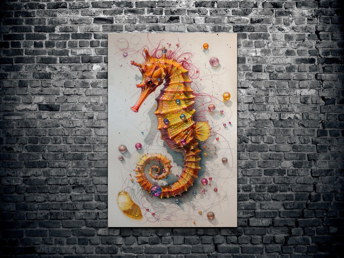 Golden Orange Seahorse Bubbles Watercolor Marine Life Art Poster - Image 2