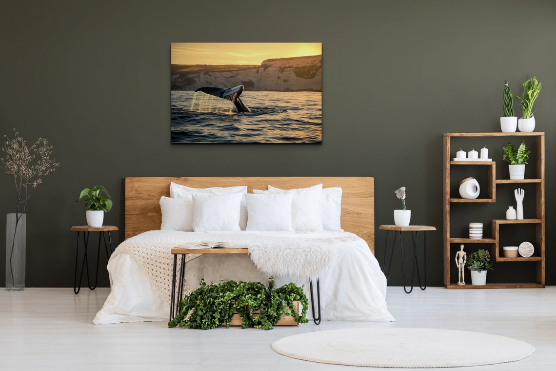 Whale Tail Splash Diving at Golden Sunset by Ocean Cliffs Poster - Image 7