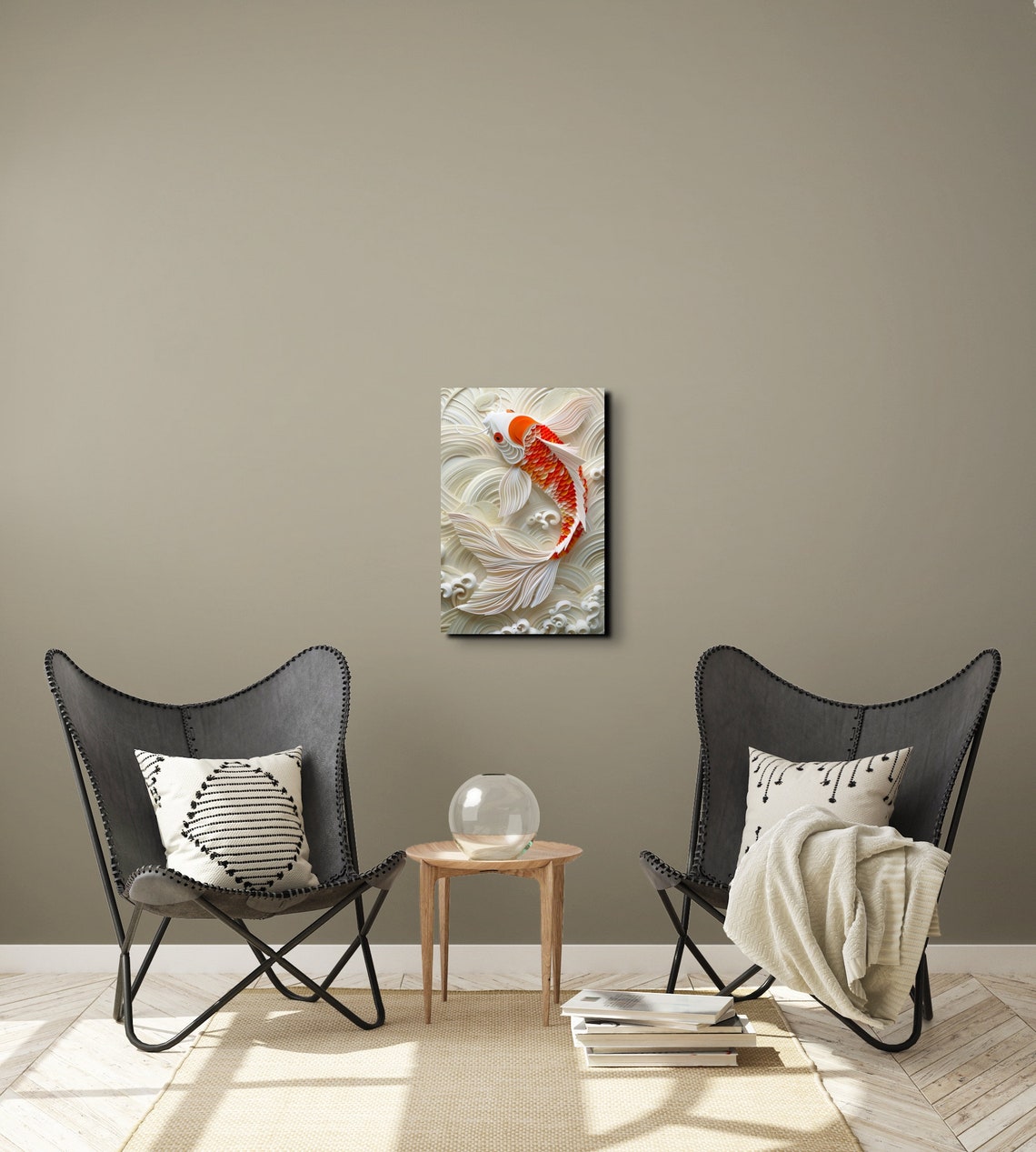 Orange Koi Fish on White Waves Paper Cut Style Nature Poster - Image 3