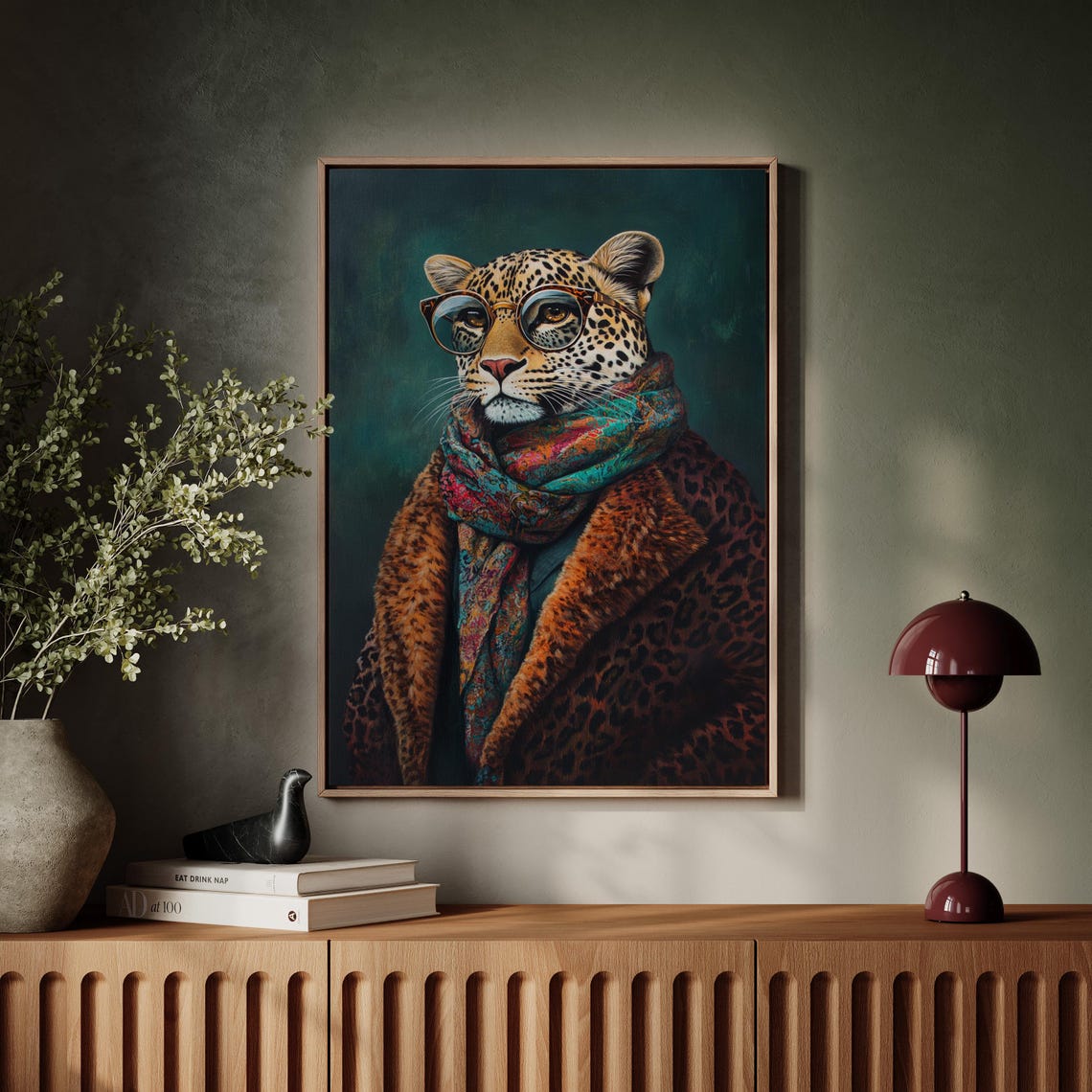 Stylish Leopard Portrait Wearing Glasses and a Colorful Scarf Poster