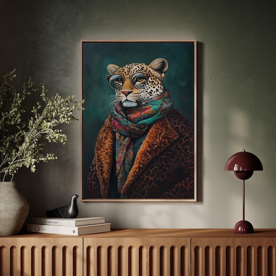 Stylish Leopard Portrait Wearing Glasses and a Colorful Scarf Poster