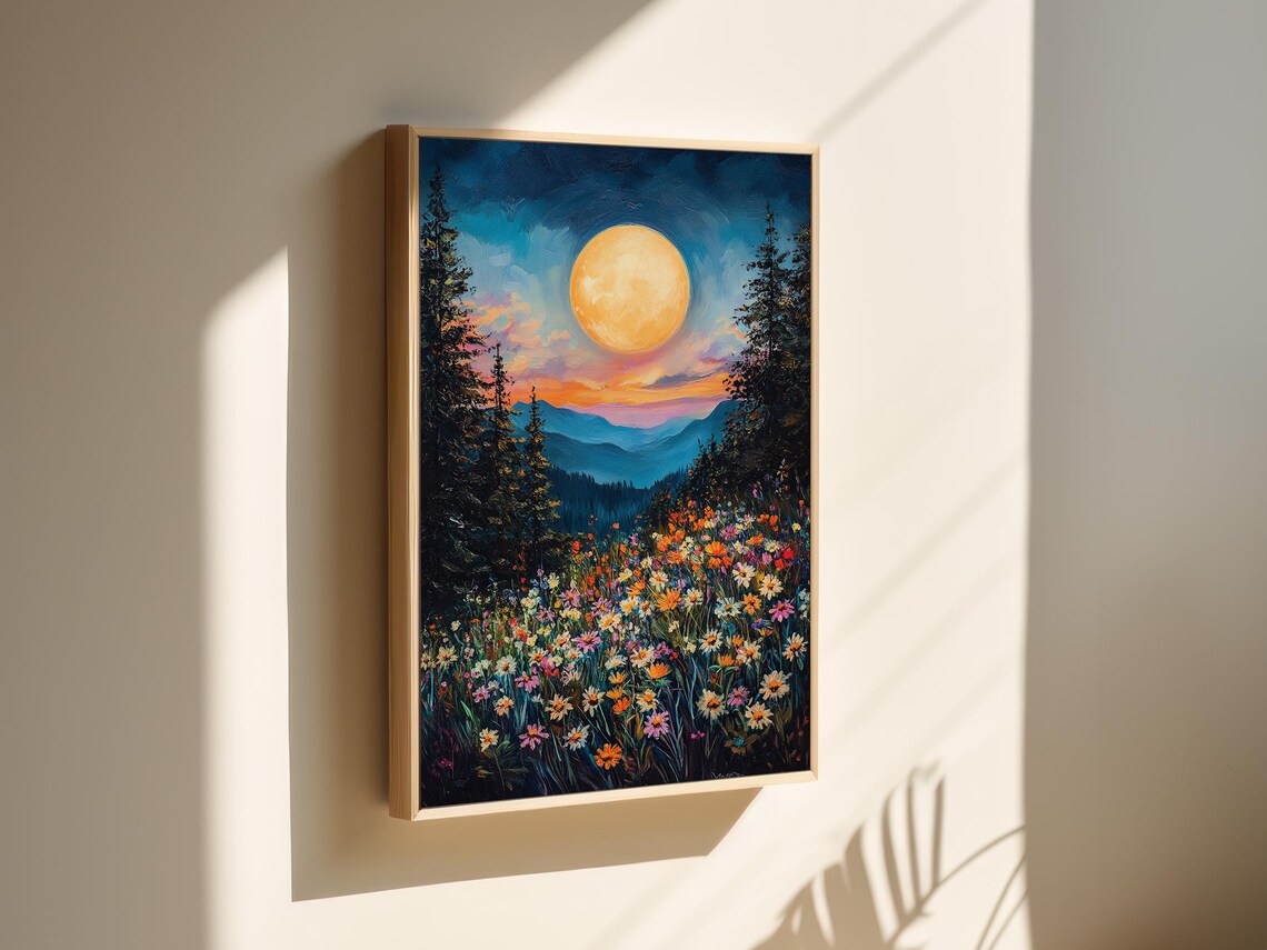 Wildflower Meadow At Full Moon, Nature Landscape - Image 4