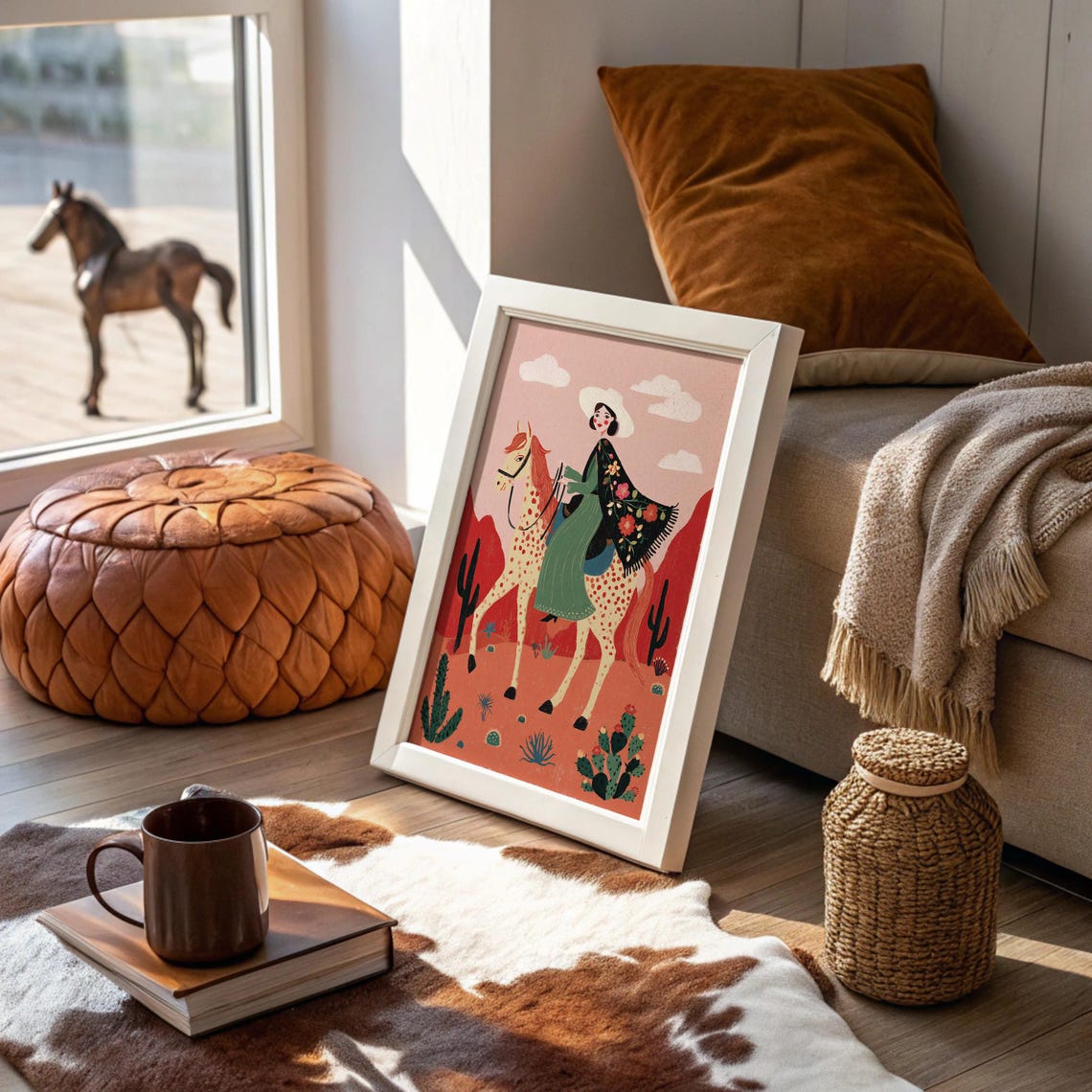 Cowgirl On Horseback Riding Through The Desert Folk Style Wall Art