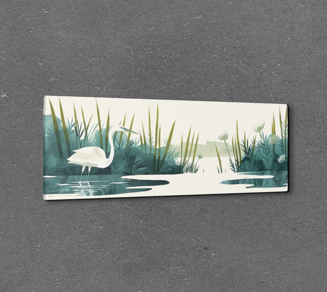 White Egret Wading In Marsh Watercolor Reeds Panoramic Wall Art - Image 2