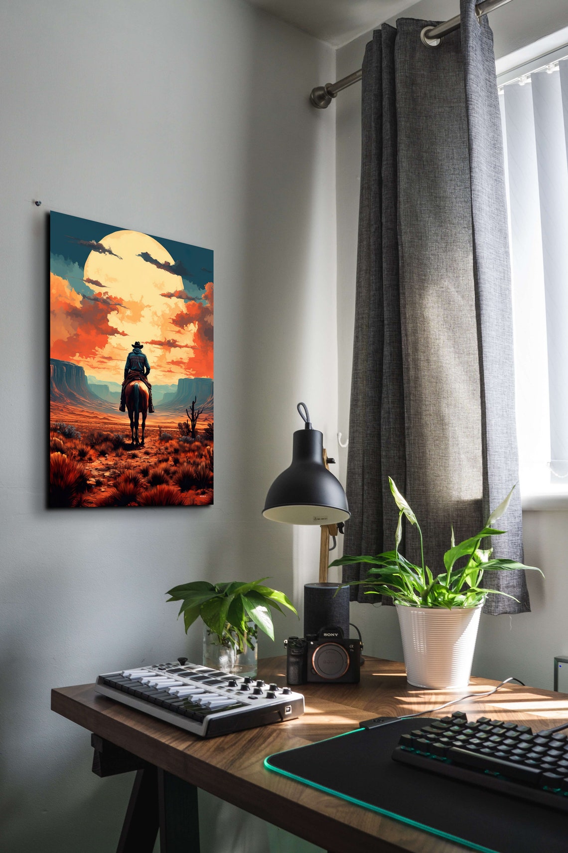 Cowboy Riding Toward Giant Moon Through Desert Canyon Art Poster - Image 3