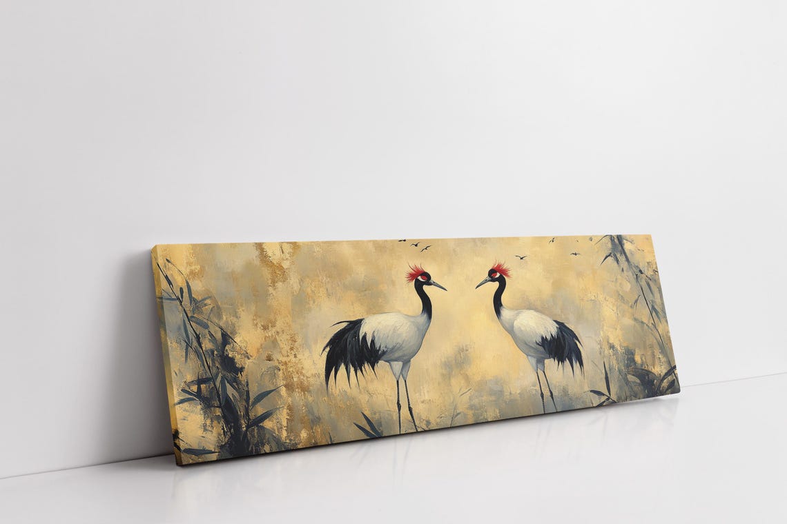 Mirrored Pair Red Crowned Cranes Misty Gold Asian Bamboo Art Poster - Image 7