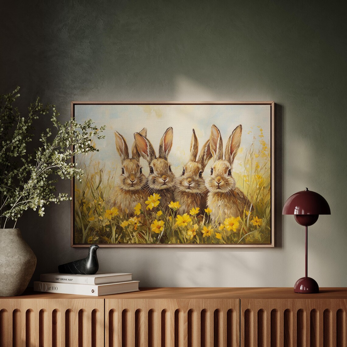 Rabbit Quartet in Wildflowers, Rustic Spring Art Print - Image 5
