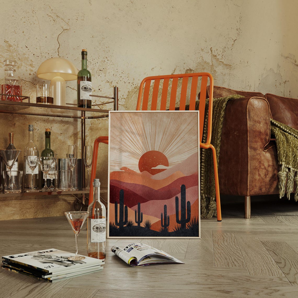 Vintage Southwest Desert Sunset Saguaro Cactus Red Sun Poster